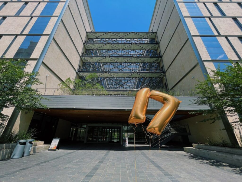 Number seventeen balloons floating outside of the EER building