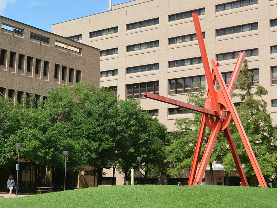 view of Clock Knot sculpture on engineering lawn