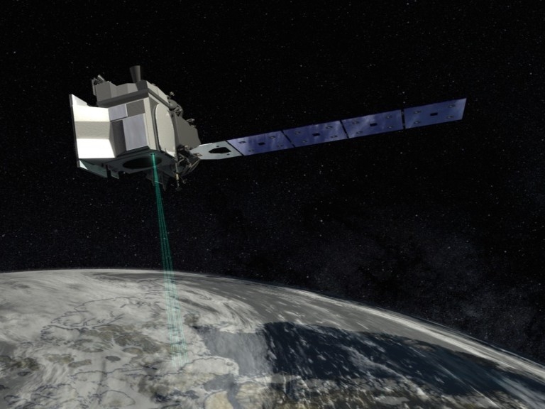 A rendering of the ICESat-2 satelite that Texas Engineers used for shore mapping