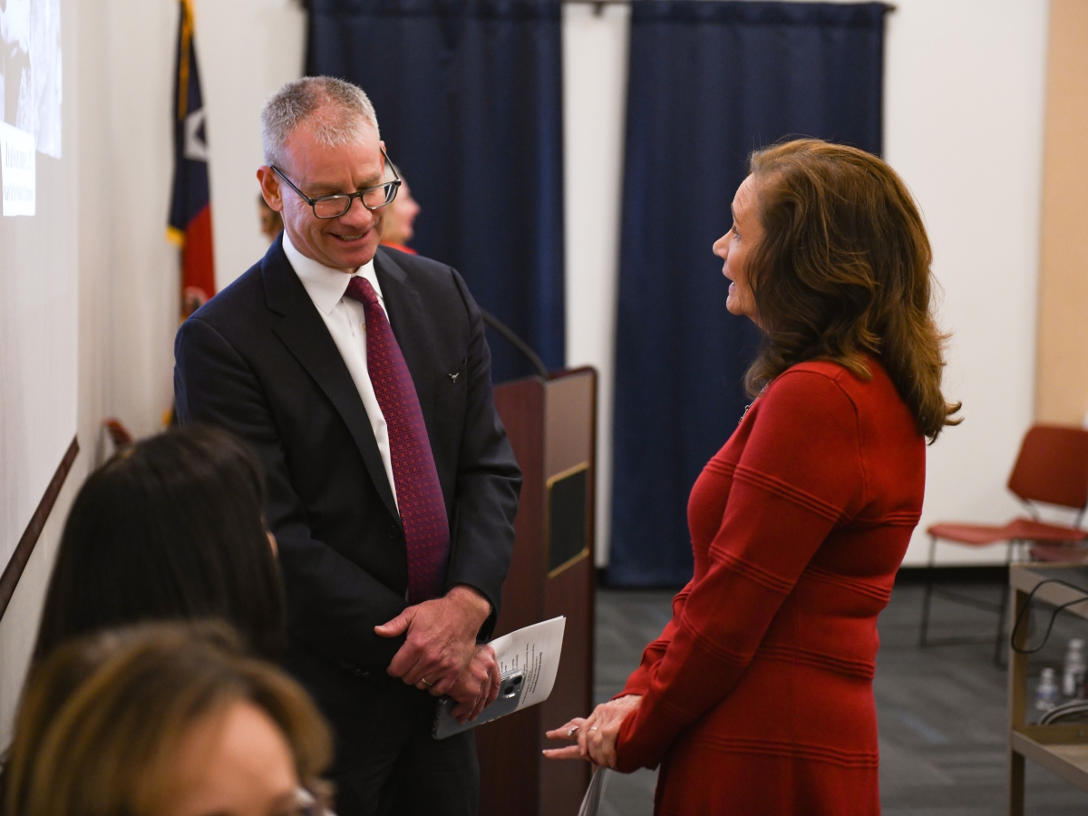 Texas Engineering professor Bob Gilbert with alumna Connie Schroeder at a historic marker event