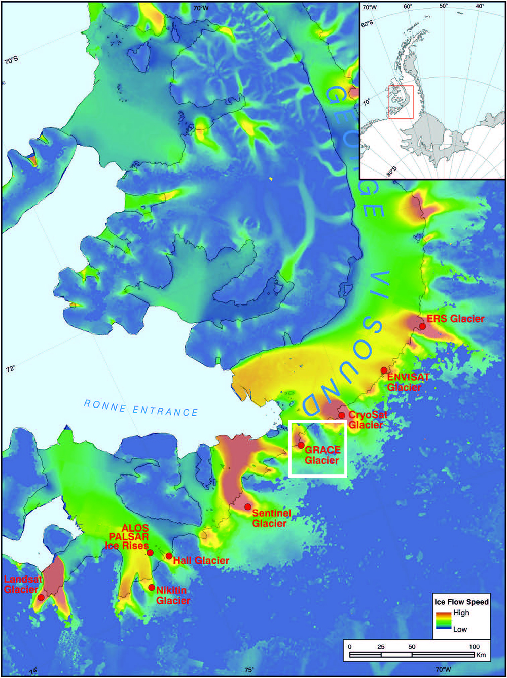 Thermal map of antarctic glaciers.