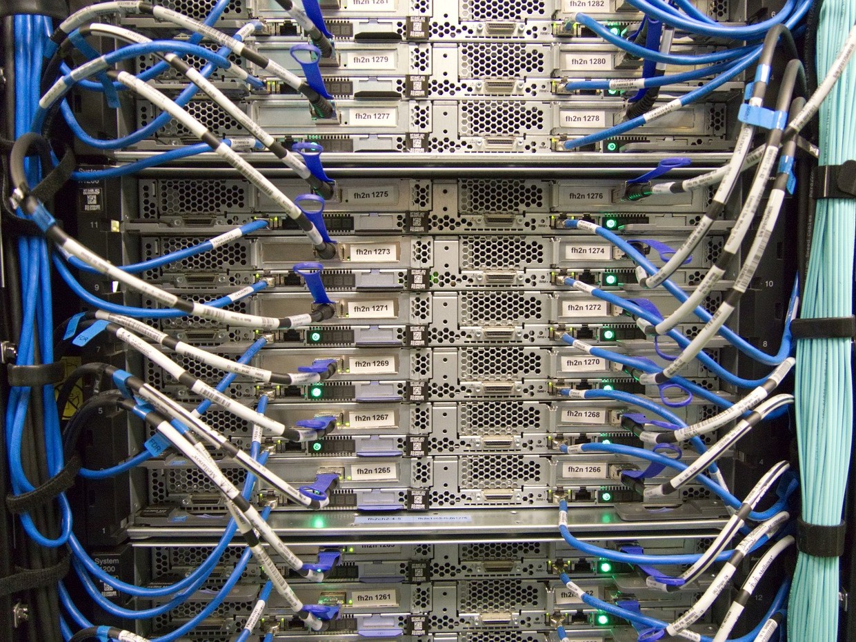 close-up of computer servers and wires