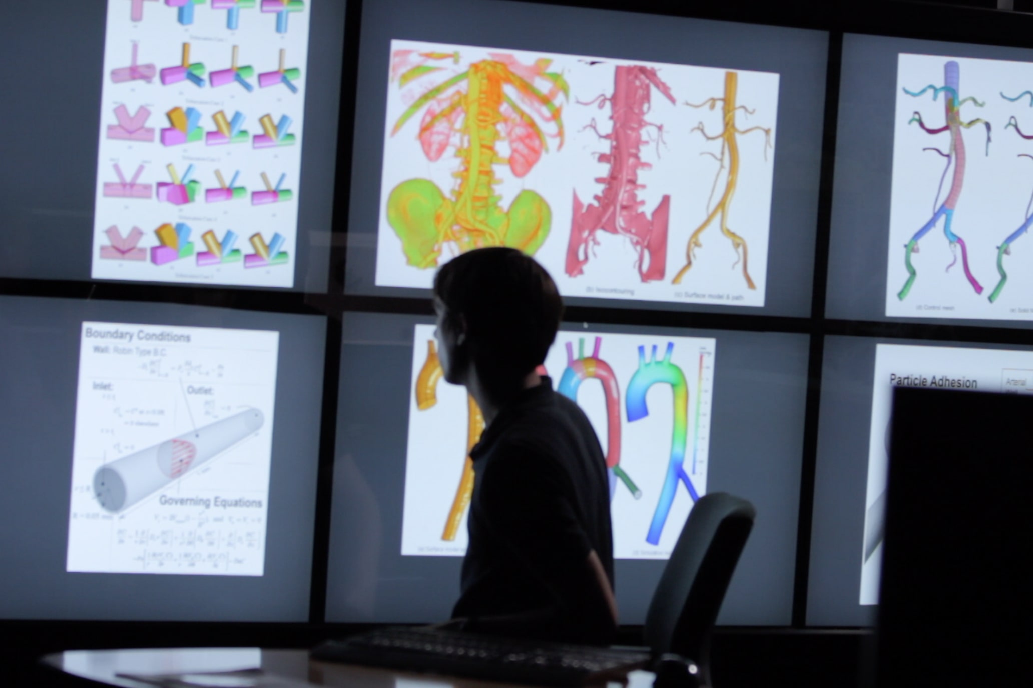 student looking at monitors displaying various diagrams