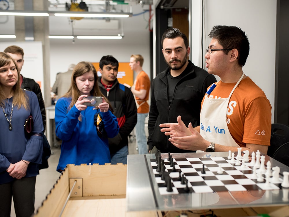 Tx engineering students listening to demonstration in inventionworks