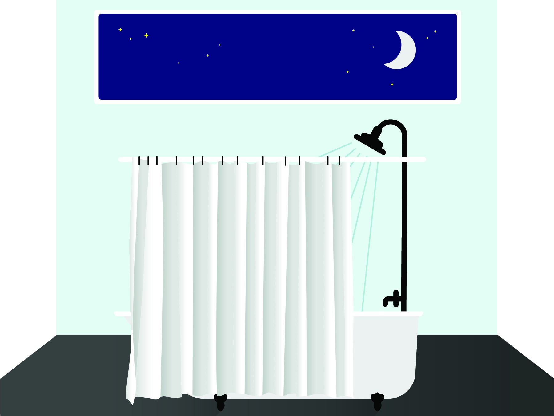 Illustration of a bath tub and shower at nighttime