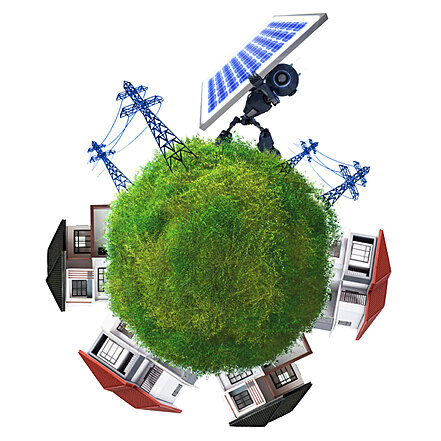 Graphic of buildings and power grids sitting on top of a green sphere