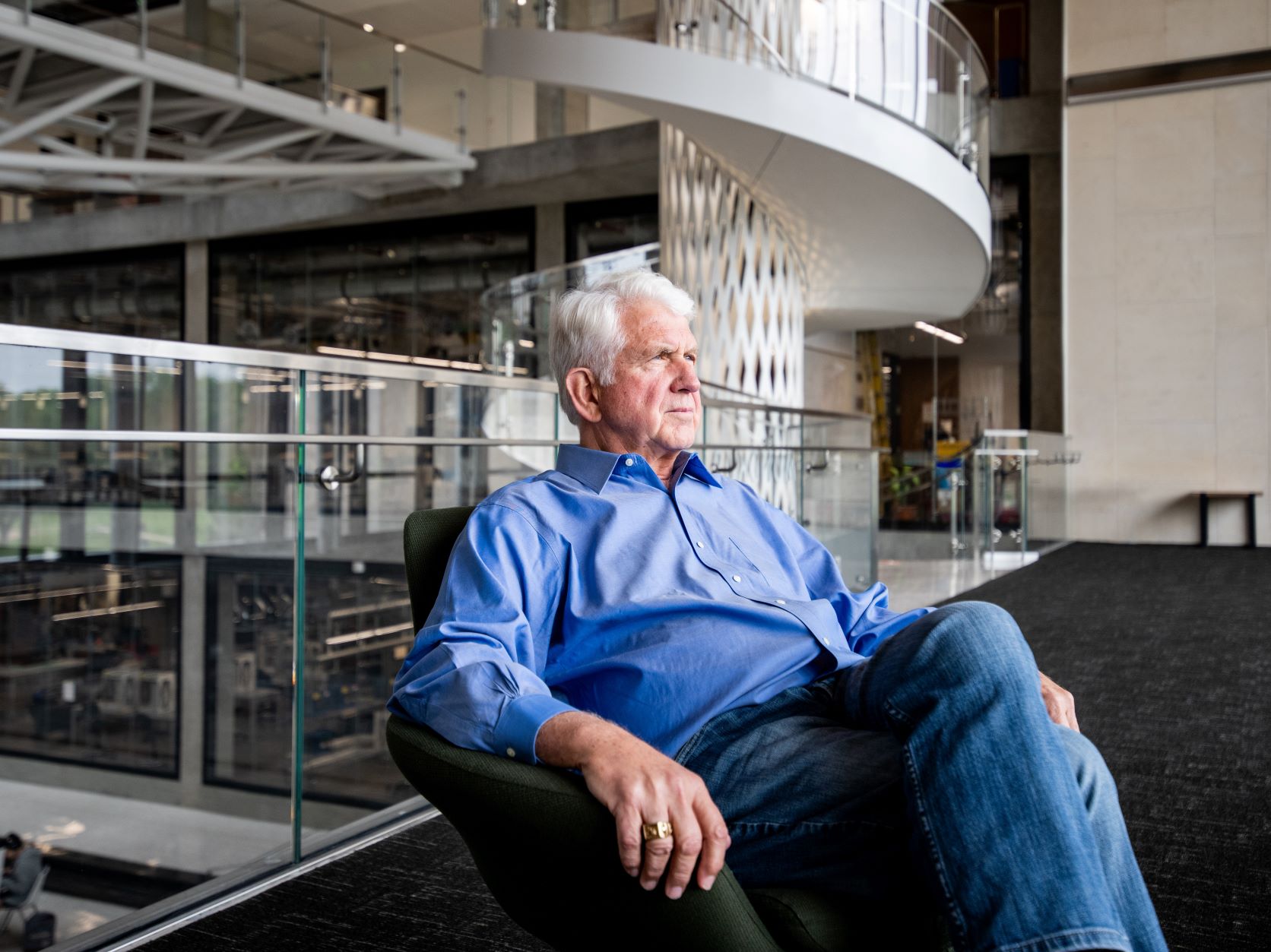 UT Austin Tx engineering professor Bob Metcalfe sitting in chair in EER