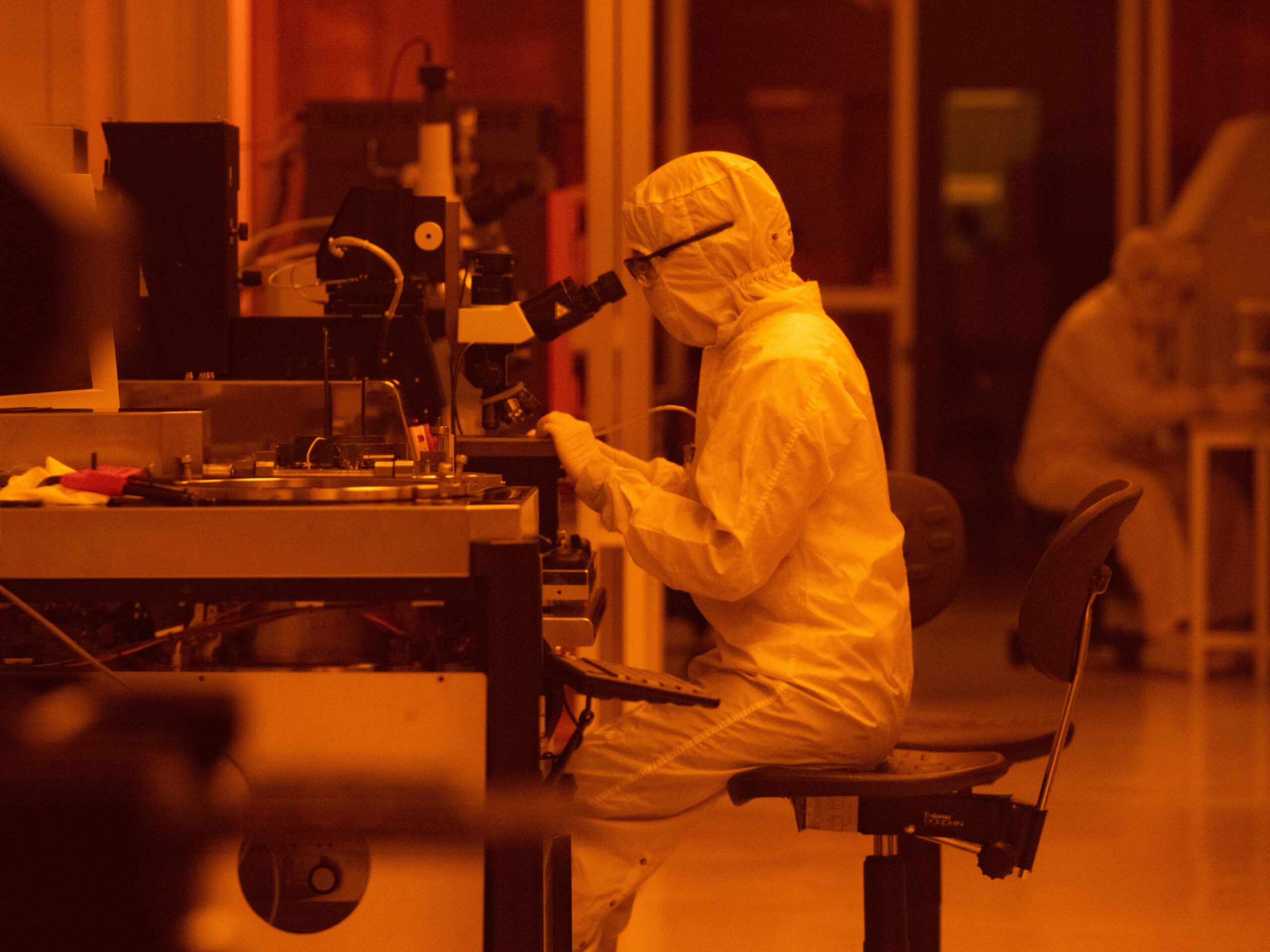 Frances Camille Wu using microscope in lab