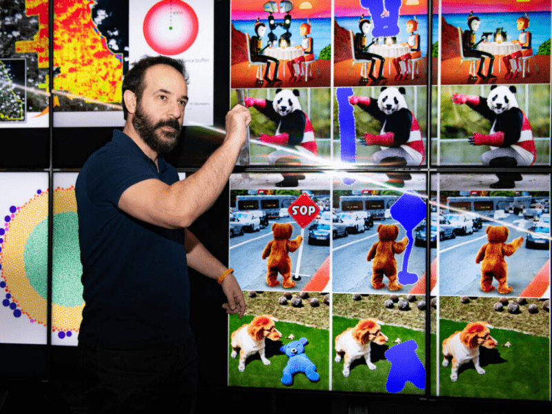 Texas Engineer standing in front of screen displaying various AI images