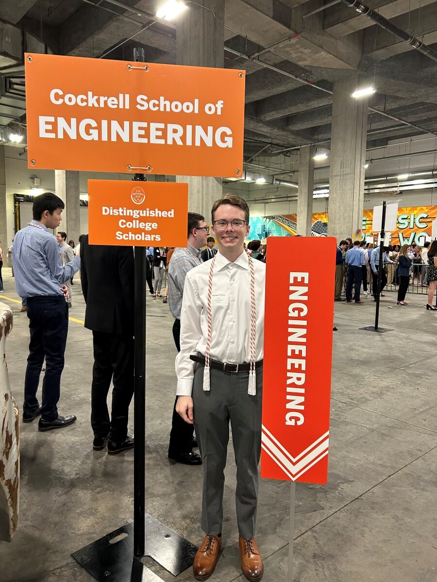 Texas Engineer Matthew Nattier smiling before Cockrell's commencement ceremony