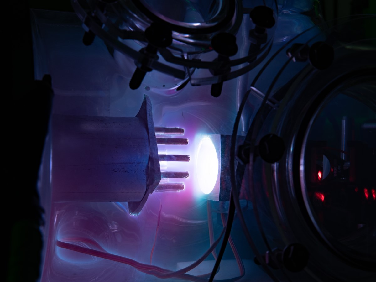 A plasma spark in the lab of The University of Texas at Austin faculty member Thomas Underwood