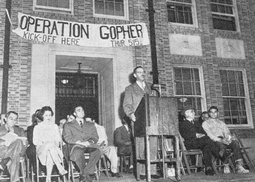 G-Day, or Groundbreaking Day, or, to some, Gopher Day, was slated for Thursday evening, December 11, 1952. More than 500 attended the ceremony, heard talks by Dean Woolrich and Professor Emeritus Ed Bantel, saw the first shovel of dirt preserved for posterity, and sang Hi Ho Balls, a favorite tune among UT engineers in the 1900s.