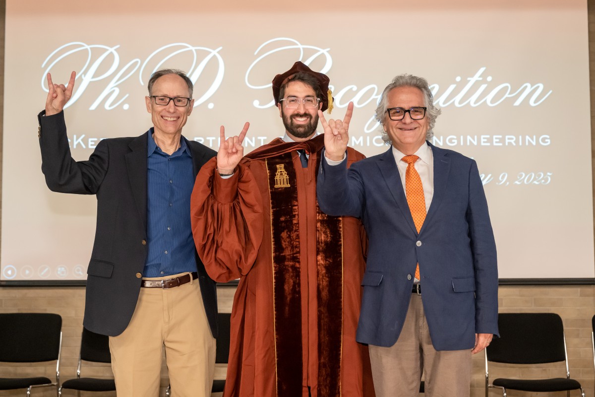 Texas Engineering Ph.D. graduates Habib Chamoun and Antoine Chamoun-Farah with professor Keith Johnston.