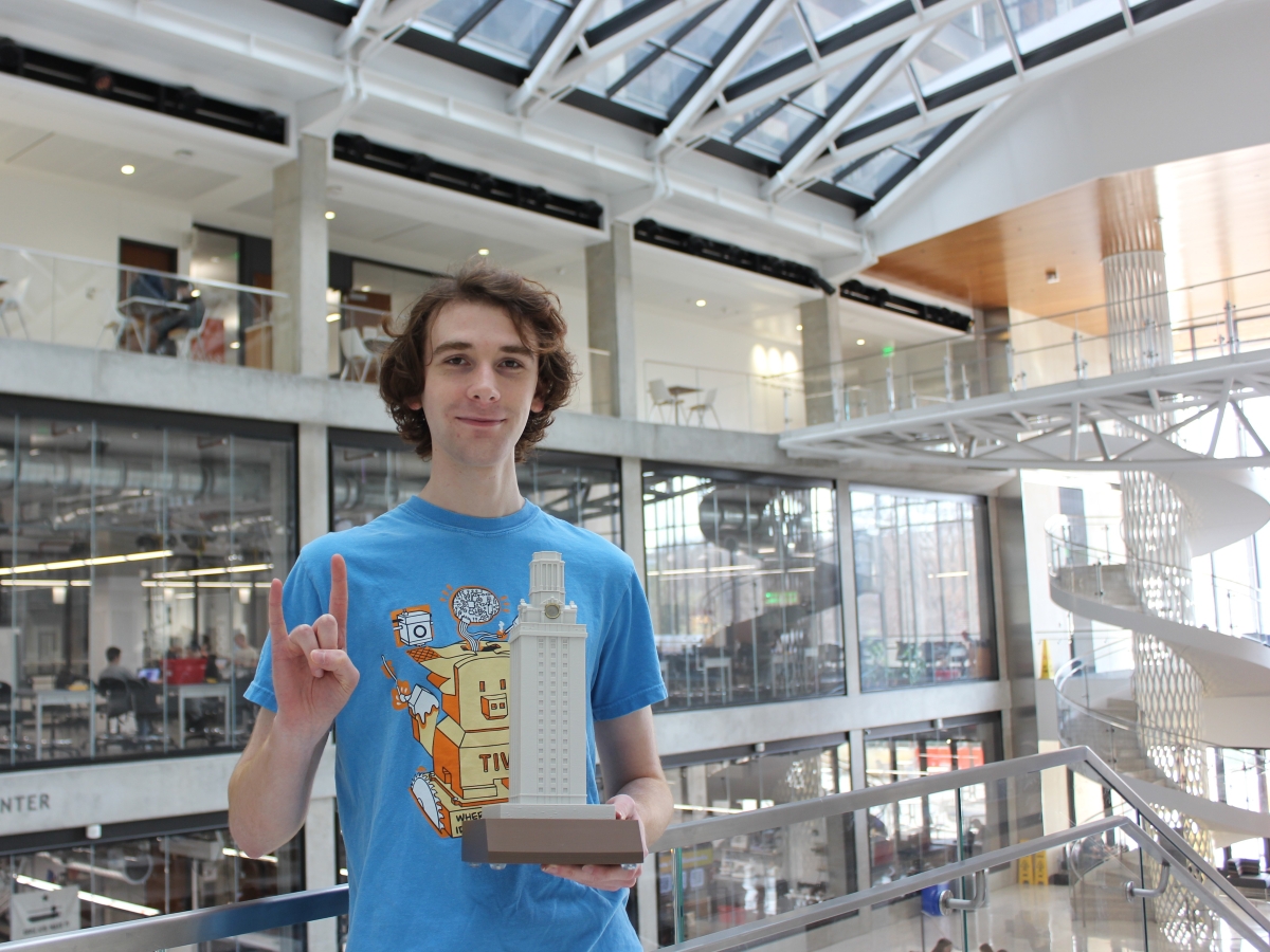 Texas Engineering student and Texas Inventionworks staffer Andrew Jones with the mini tower he is working on.