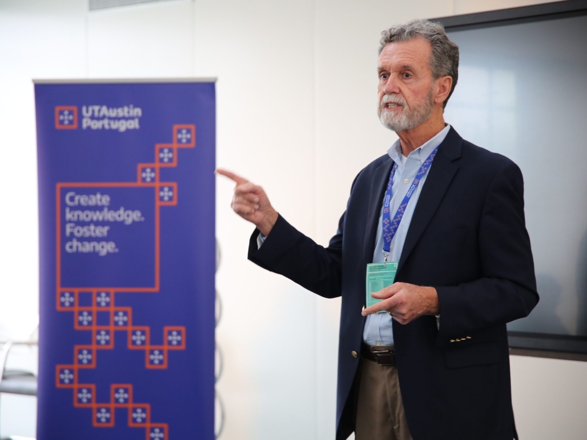 Center for Space Research program manager Burke Fort at a UT Austin Portugal space hack-a-thon in 2019.