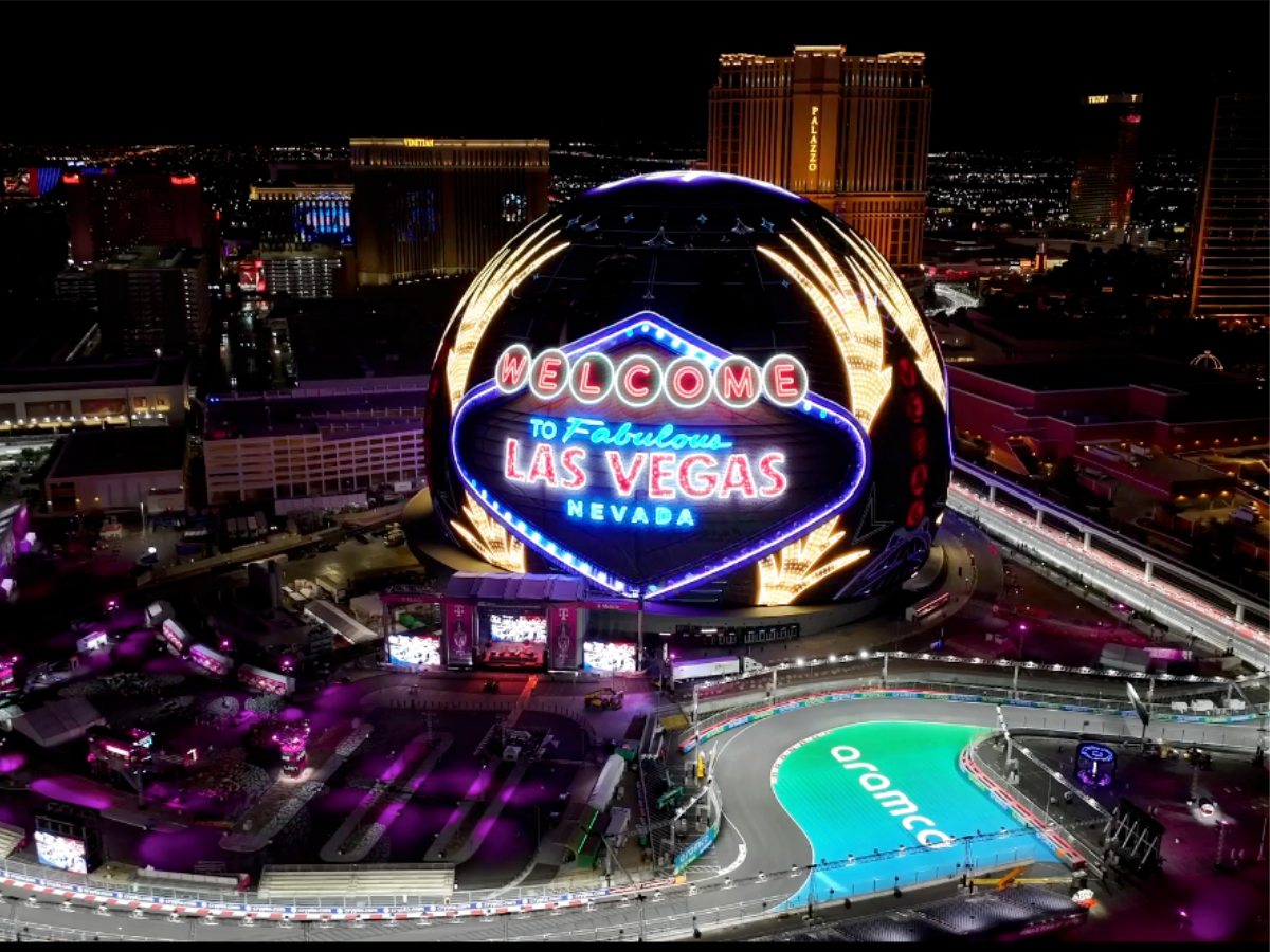 Aerial view of the Las Vegas sphere lit up at night