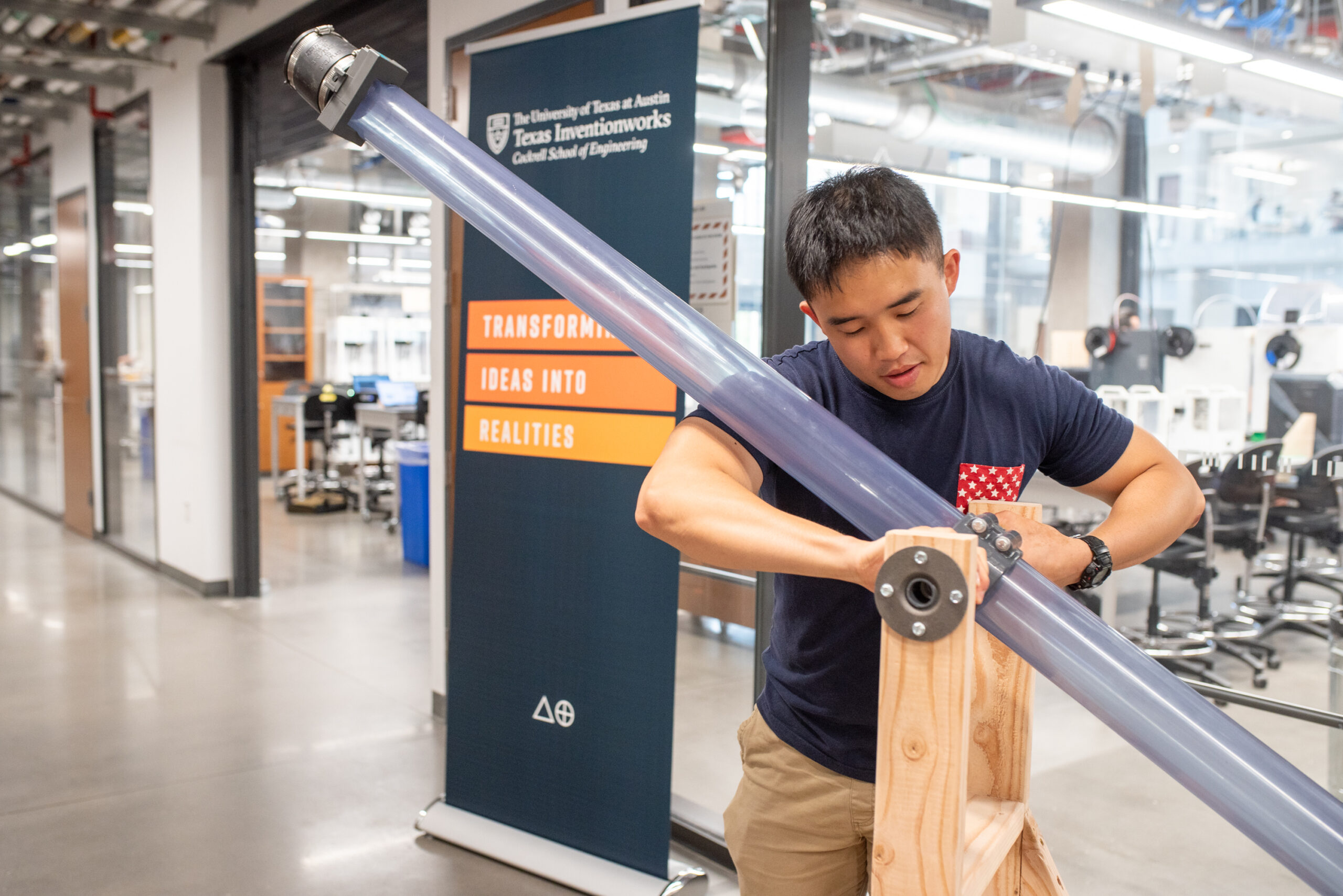 Texas Engineering student working on prototype in Texas Inventionworks makerspace