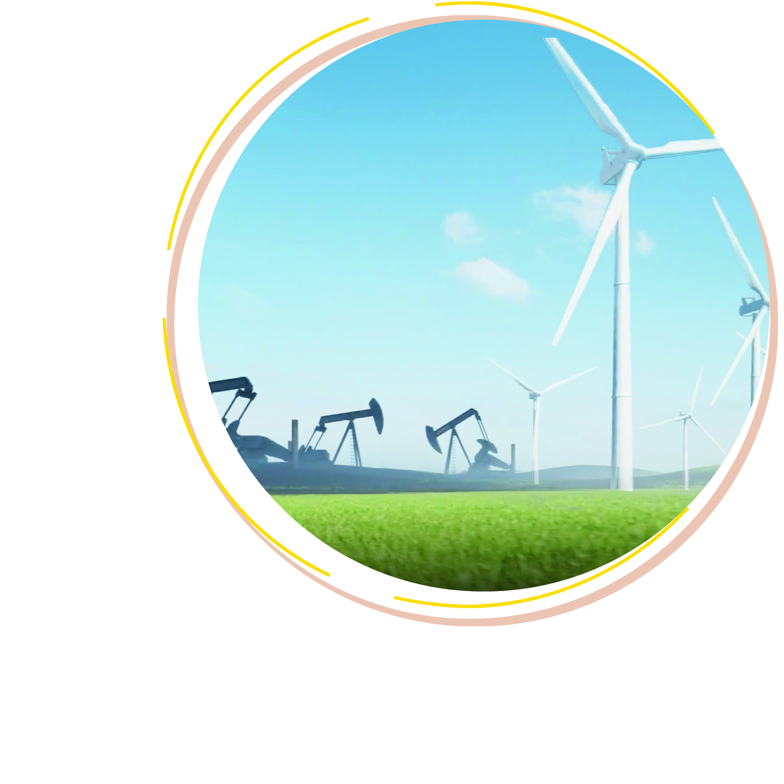Windmills and oil rigs on a grassy plain