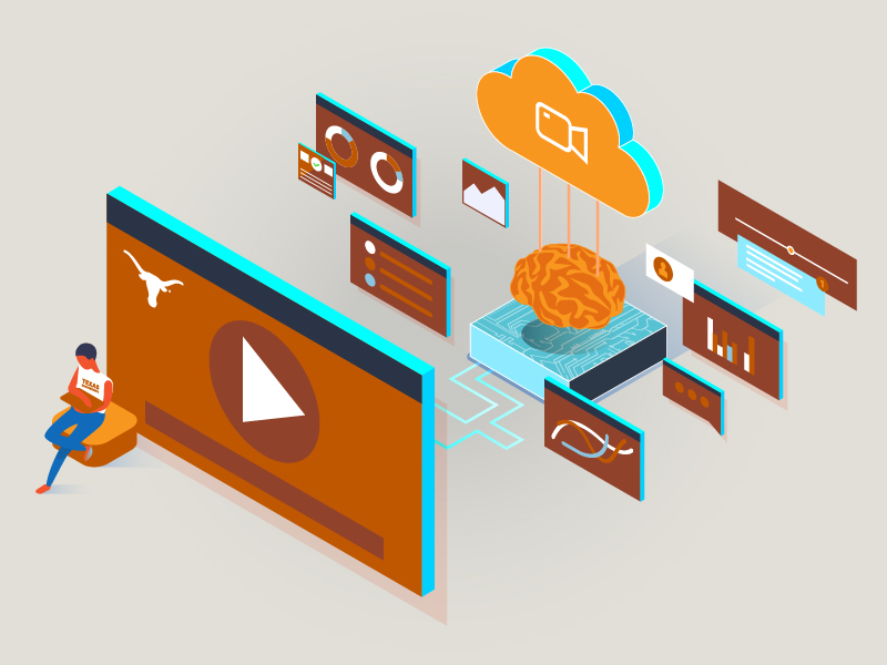 Graphic of person using computer and various screens behind them