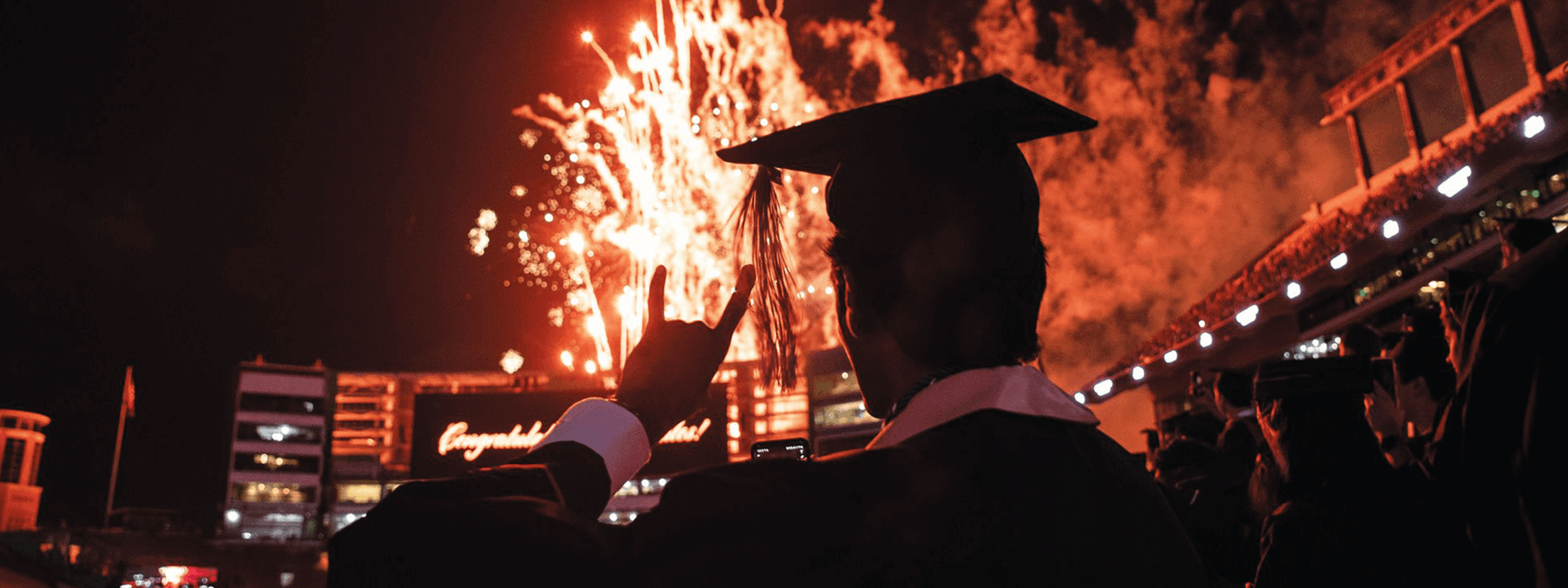 Fireworks and graduate student in silhouette watching.