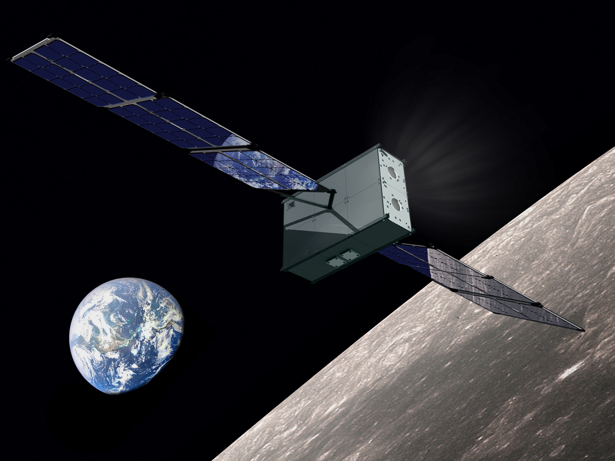 Small spacecraft orbiting the moon with Earth in the background